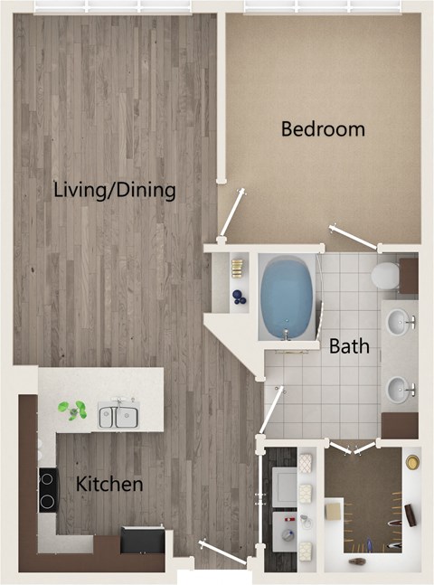 A floor plan of a small apartment with a living/dining area, kitchen, bathroom, and bedroom.